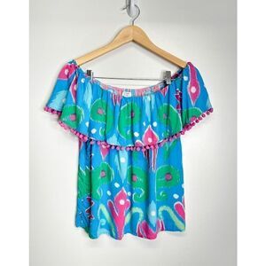 Crown & Ivy Off Shoulder Shirt Womens Small Blue/Pink Pom Trim Top